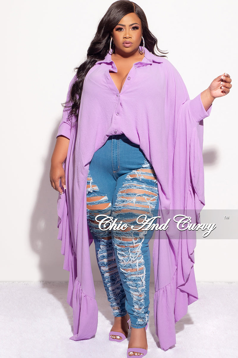 Final Sale Plus Size Collar Button Up Top with Exaggerated Sleeves in Lavender
