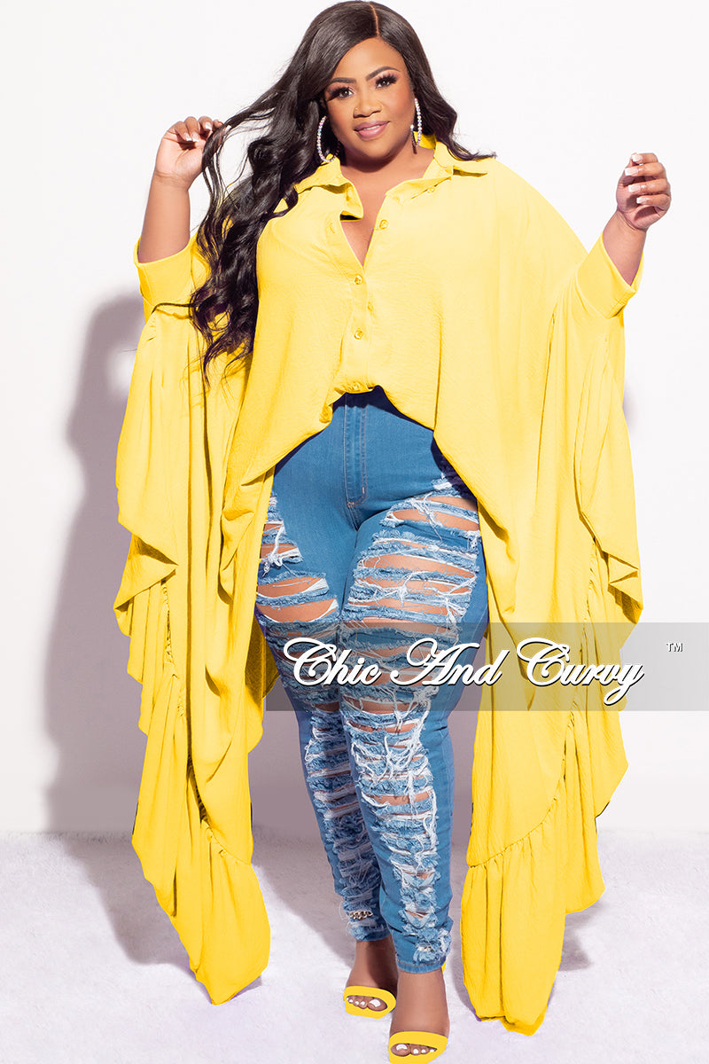 Final Sale Plus Size Collar Button Up Top with Exaggerated Sleeves in Yellow