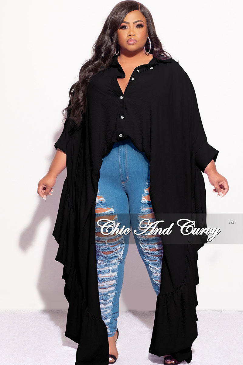 Final Sale Plus Size Collar Button Up Top with Exaggerated Sleeves in Black