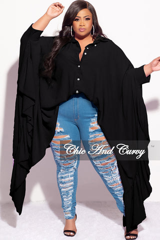 Final Sale Plus Size Collar Button Up Top with Exaggerated Sleeves in Black