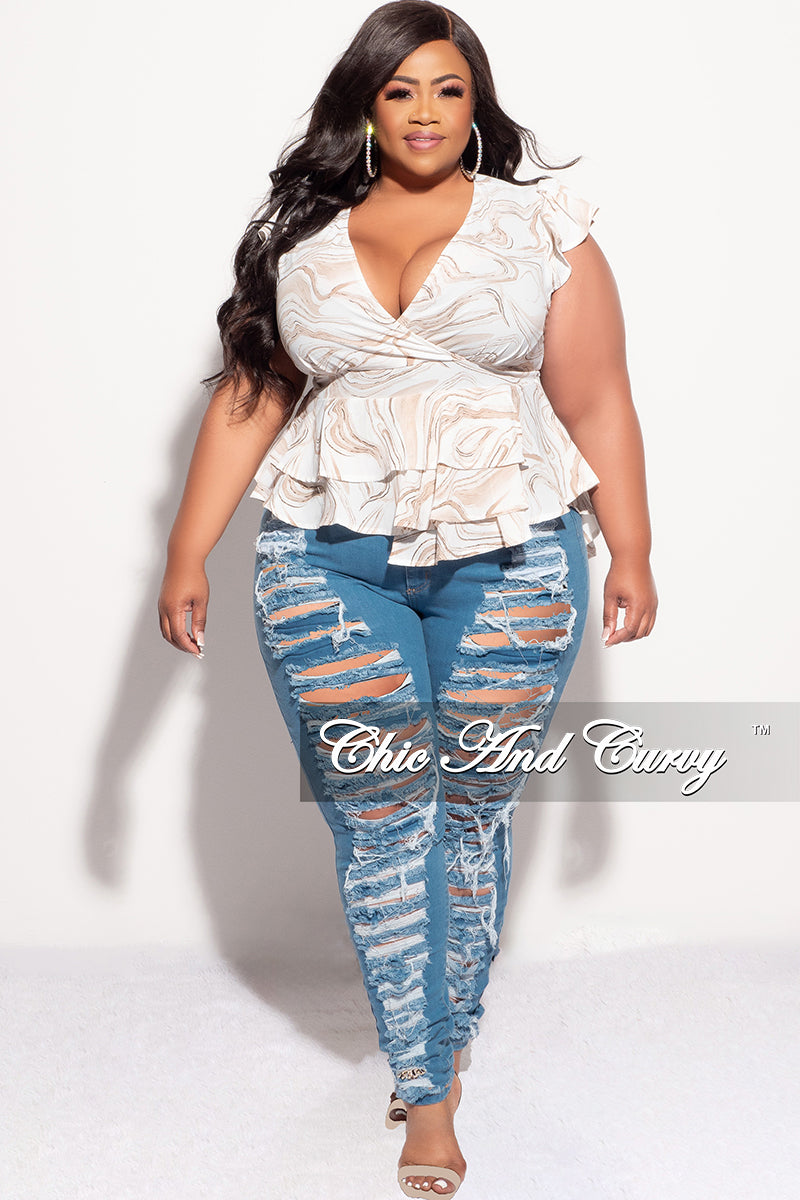 Final Sale Plus Size Faux Wrap Peplum Top in Ivory & Mocha or Ivory & Olive  Design Print