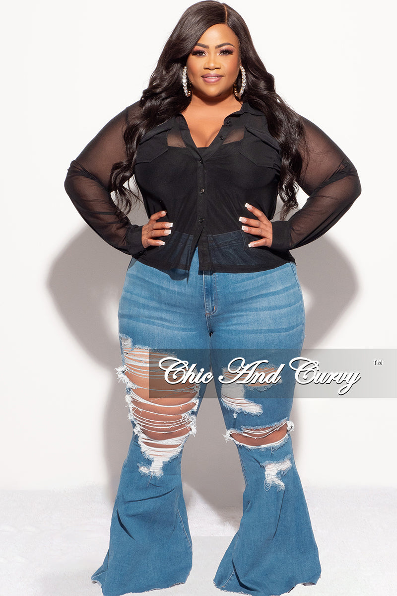 Final Sale Plus Size Sheer Mesh Collar Button Up Top in Black