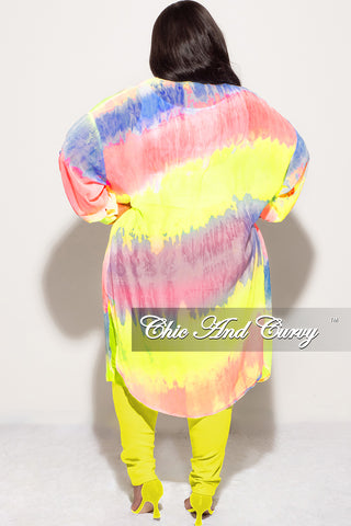 Final Sale Plus Size Sheer Button Up Collar Tunic Dress in Multi Color Print
