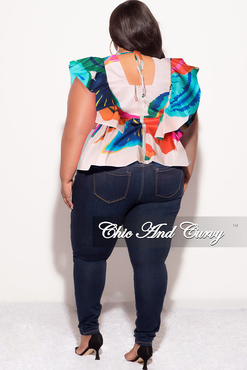 Final Sale Plus Size Ruffle Peplum Top in Tropical Abstract Print