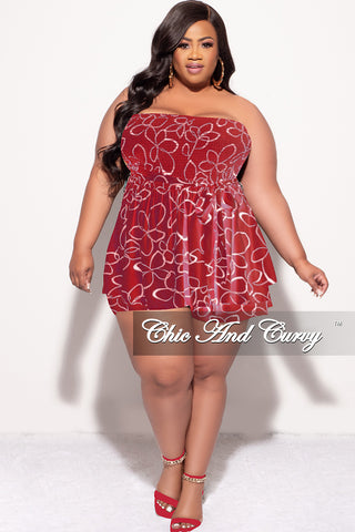 Final Sale Plus Size Strapless Romper in Burgundy & Ivory Print