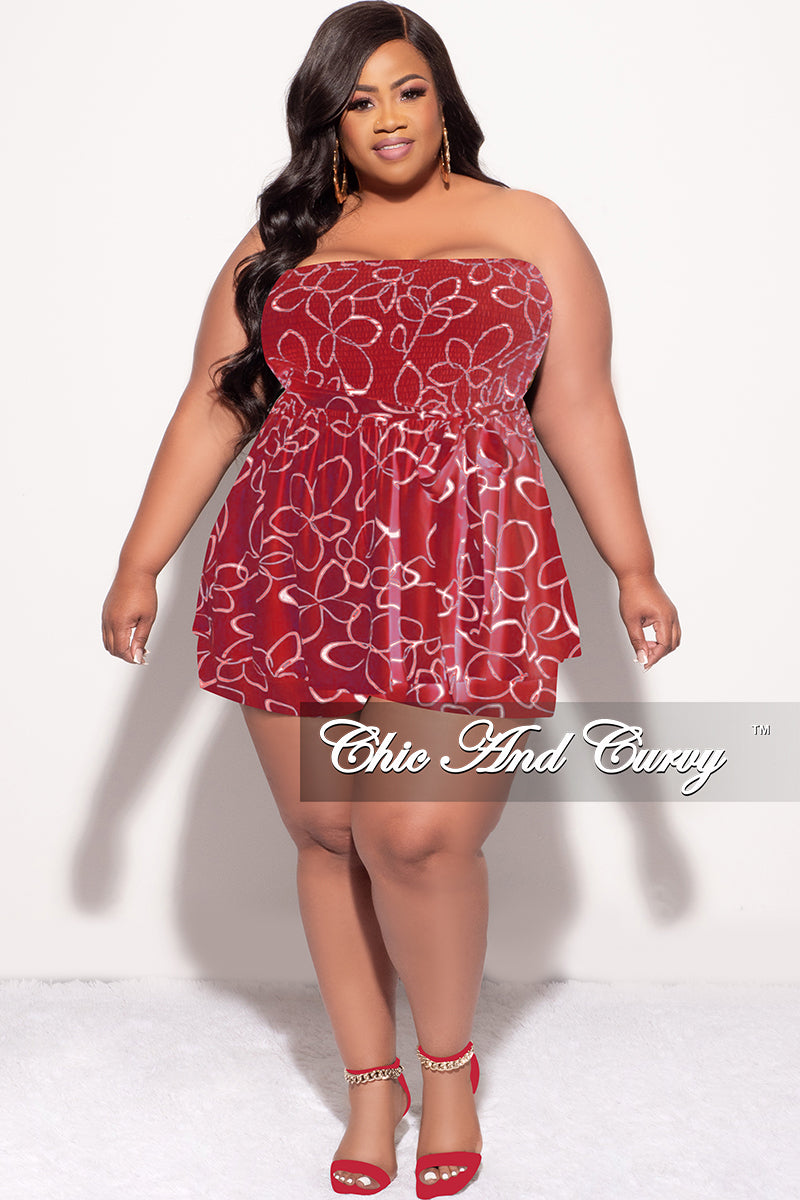 Final Sale Plus Size Strapless Romper in Burgundy & Ivory Print