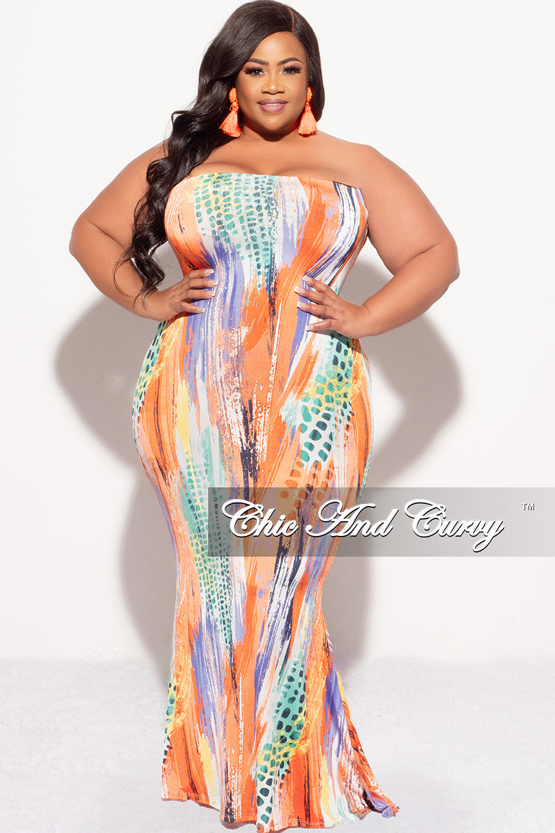 Final Sale Plus Size Strapless Tube BodyCon Dress in Orange Multi Color Print
