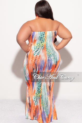 Final Sale Plus Size Strapless Tube BodyCon Dress in Orange Multi Color Print