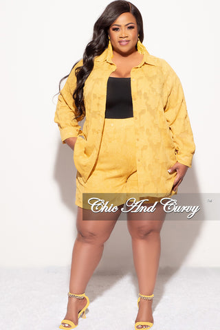 Final Sale Plus Size 2pc Collar Button Up Top And Short Set In Mustard