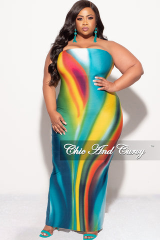 Final Sale Plus Size Strapless Tube BodyCon Dress with Back Slit in Teal Multi Color Print