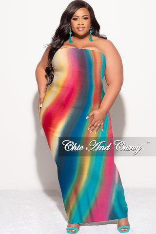 Final Sale Plus Size Strapless Tube BodyCon Dress with Back Slit in Fuchsia/Jade Multi Color Print