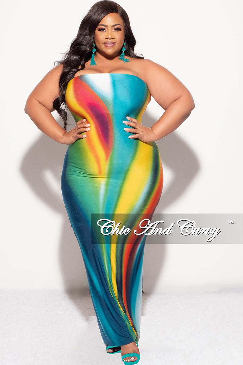 Final Sale Plus Size Strapless Tube BodyCon Dress with Back Slit in Teal Multi Color Print