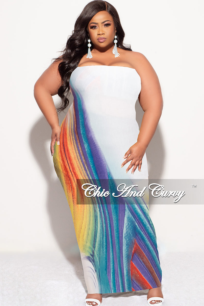 Final Sale Plus Size Strapless Tube BodyCon Dress with Back Slit Off White/Blue Multi Color Print