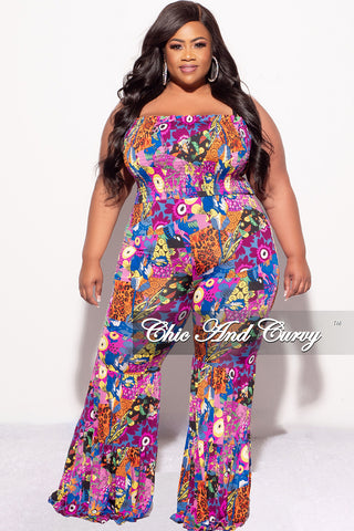Final Sale Plus Size Tiered Strapless Jumpsuit in Fuchsia and Royal Blue Multi Color Mix Print