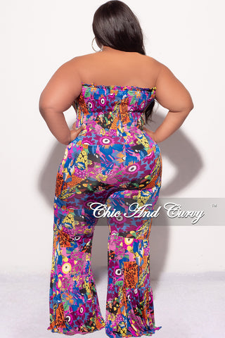 Final Sale Plus Size Tiered Strapless Jumpsuit in Fuchsia and Royal Blue Multi Color Mix Print