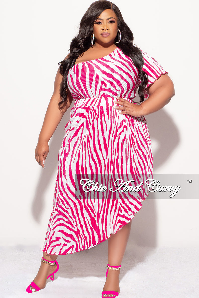Final Sale Plus Size One Shoulder Asymmetric Pleated Dress Pink and White Zebra Print
