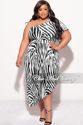 Final Sale Plus Size One Shoulder Asymmetric Pleated Dress Black and White Zebra Print