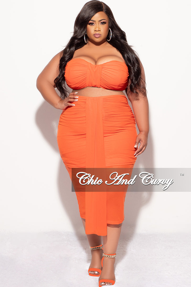 Final Sale Plus Size Sheer 2pc Strapless Crop Top and Skirt Set in Orange