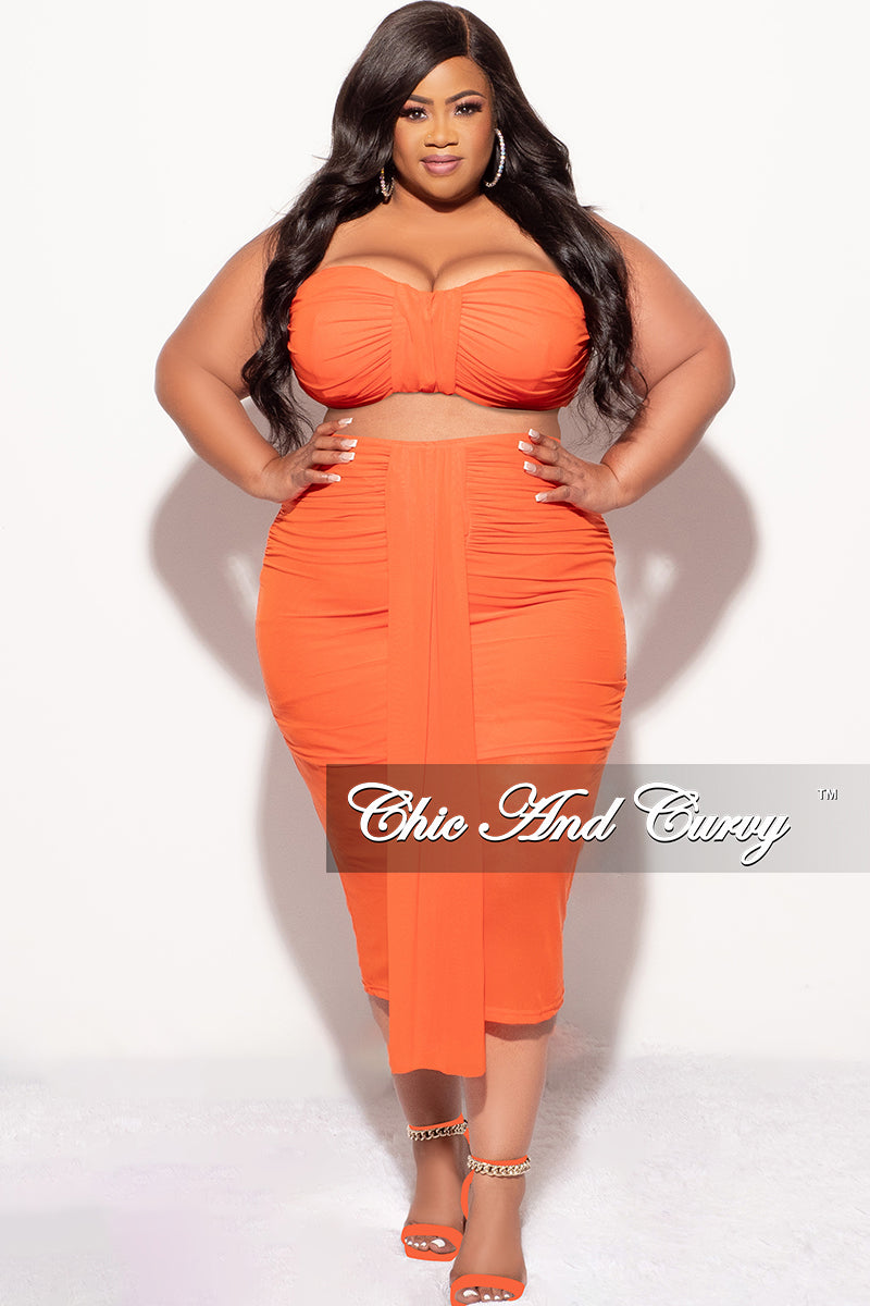 Final Sale Plus Size Sheer 2pc Strapless Crop Top and Skirt Set in Orange