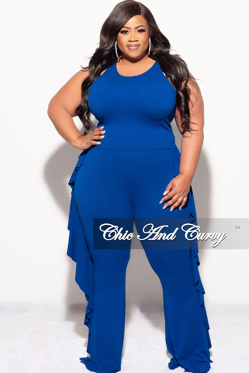 Final Sale Plus Size 2pc Sleeveless Crop Top and Ruffle Trim Pants in Roya Blue