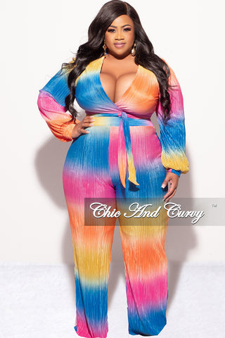 Final Sale Plus Size 2pc Pleated Faux Wrap Bow Tie Top and Pants Set in Fuchsia Orange and Mustard and Royal Blue