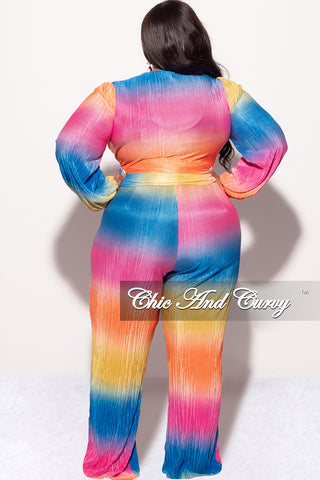 Final Sale Plus Size 2pc Pleated Faux Wrap Bow Tie Top and Pants Set in Fuchsia Orange and Mustard and Royal Blue