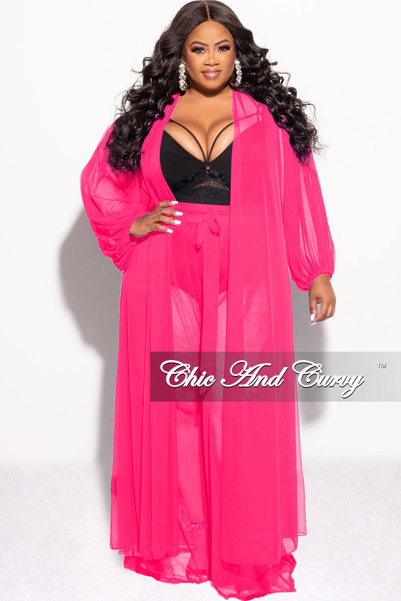 Final Sale Plus Size 2pc Sheer Duster and Pants Set in Fuchsia