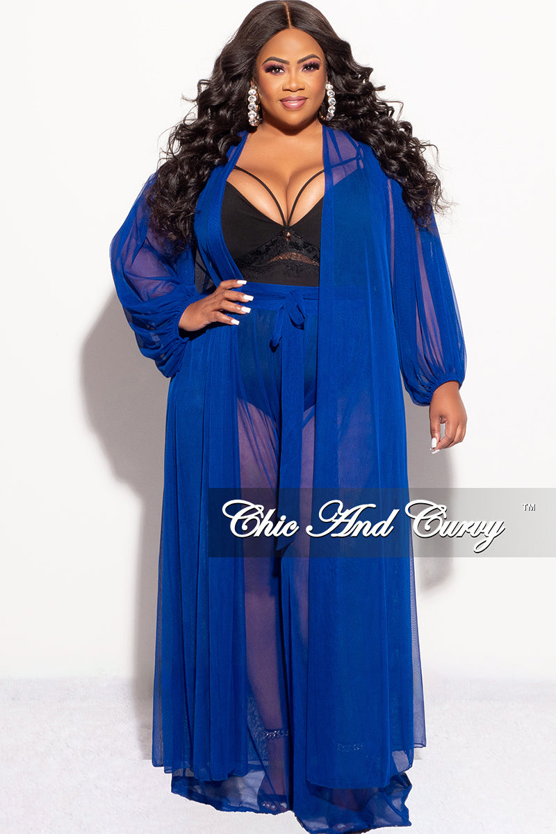 Final Sale Plus Size 2pc Sheer Duster and Pants Set in Royal Blue