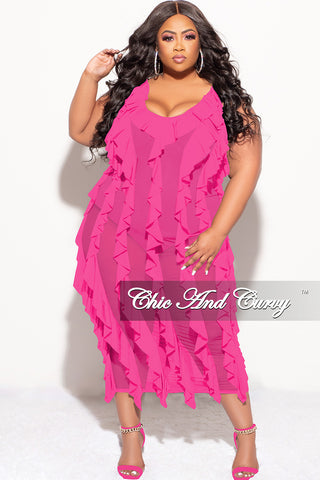 Final Sale Plus Size Sleeveless Sheer Ruffle Midi Dress in Pink