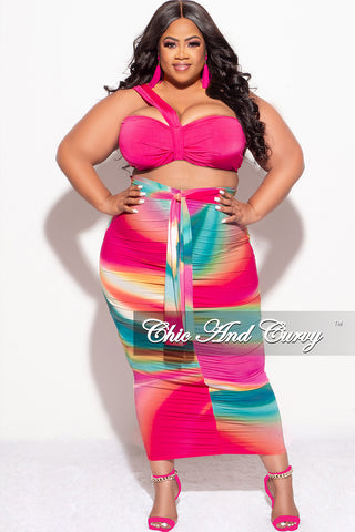 Final Sale Plus Size 2pc One Shoulder Twist Front Bra Top and Skirt in Fuchsia Multi Color Tie Dye Print