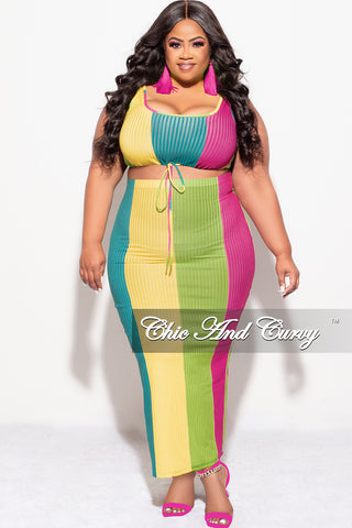 Final Sale Plus Size Ribbed 2pc Crop Drawstring Top and Pencil Skirt in Teal, Fuchsia , & Yellow