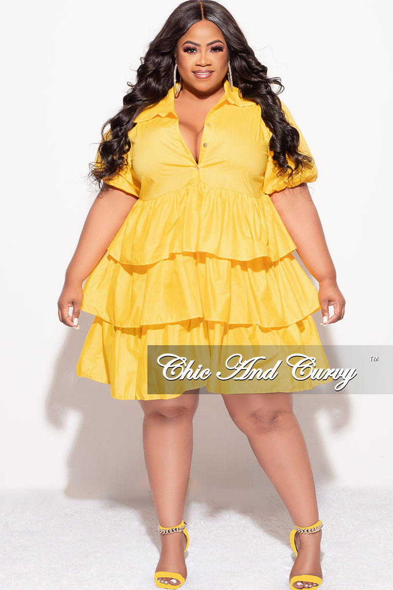 Final Sale Plus Size Collar Button Up Tiered Dress in Mustard