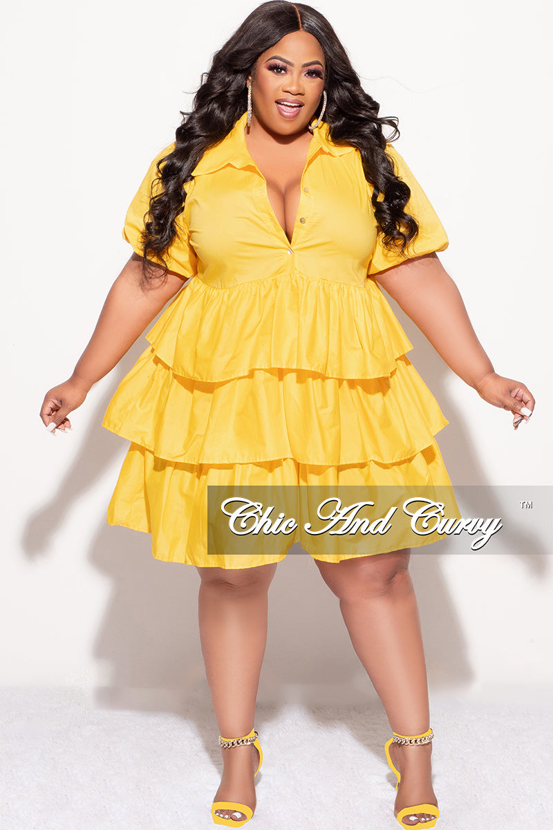 Final Sale Plus Size Collar Button Up Tiered Dress in Mustard