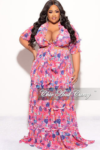 Final Sale Size 2pc Chiffon Crop Tie Top and Frill Maxi Skirt Set in Fuchsia Multi Color Print