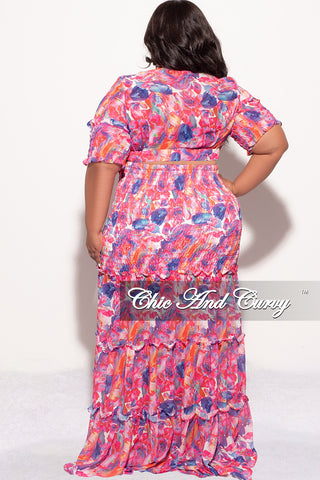 Final Sale Size 2pc Chiffon Crop Tie Top and Frill Maxi Skirt Set in Fuchsia Multi Color Print