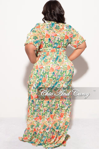 Final Sale Size 2pc Chiffon Crop Tie Top and Frill Maxi Skirt Set in Green Multi Color Print