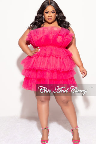 Final Sale Plus Strapless Tiered Tulle Mini Dress in Fuchsia Pink