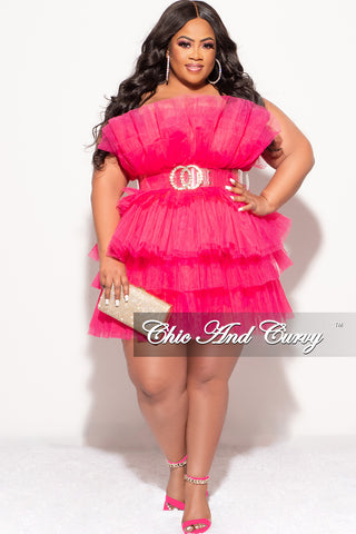 Final Sale Plus Strapless Tiered Tulle Mini Dress in Fuchsia Pink