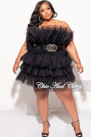 Final Sale Plus Strapless Tiered Tulle Mini Dress in Black