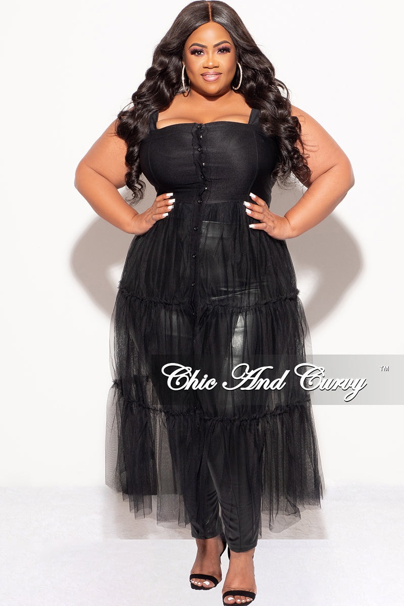 Final Sale Plus Size Sleeveless Button Up Top With Mesh Train In Black