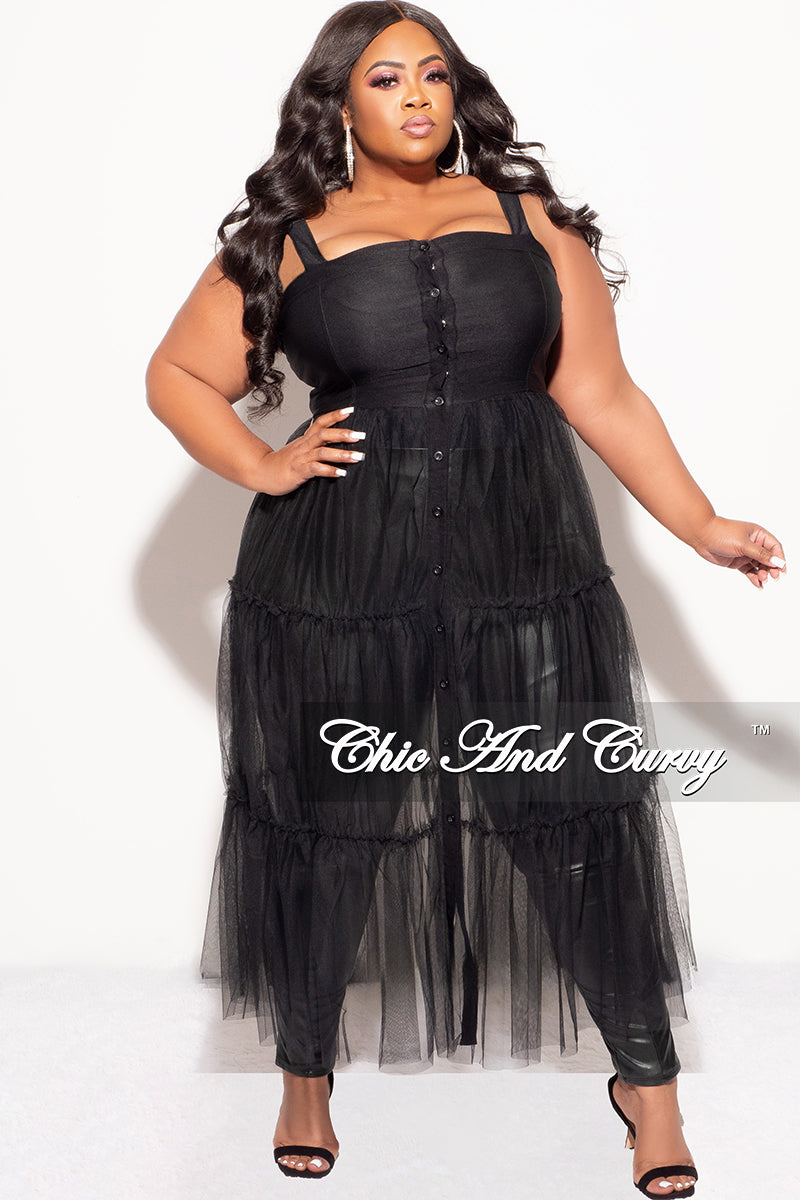 Final Sale Plus Size Sleeveless Button Up Top With Mesh Train In Black