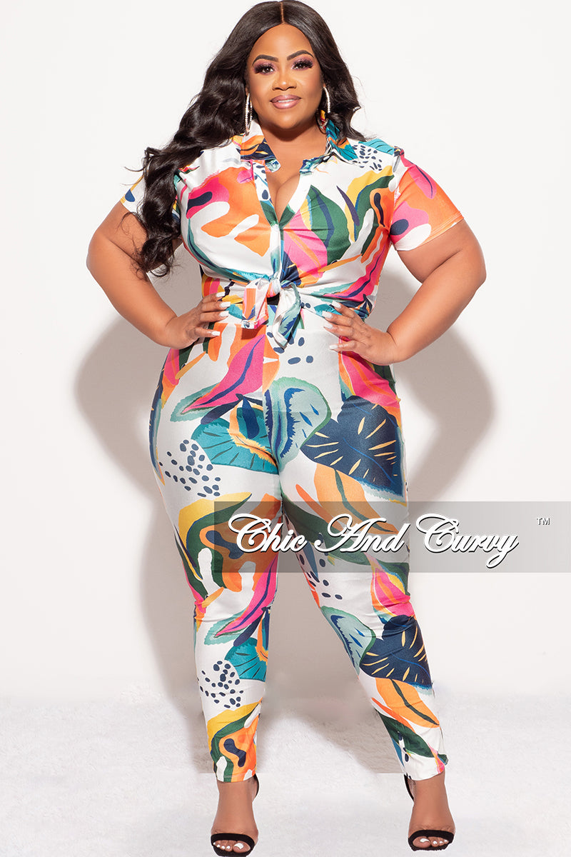Final Sale Plus Size 2pc Button Up Collar Top and Pants Set in Tropical Abstract Print