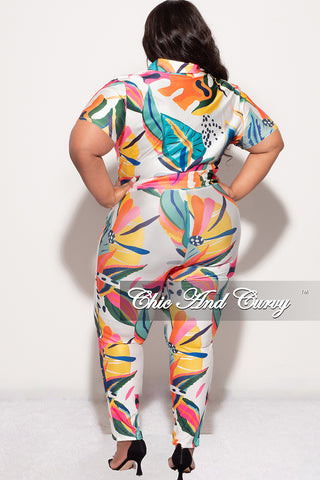 Final Sale Plus Size 2pc Button Up Collar Top and Pants Set in Tropical Abstract Print