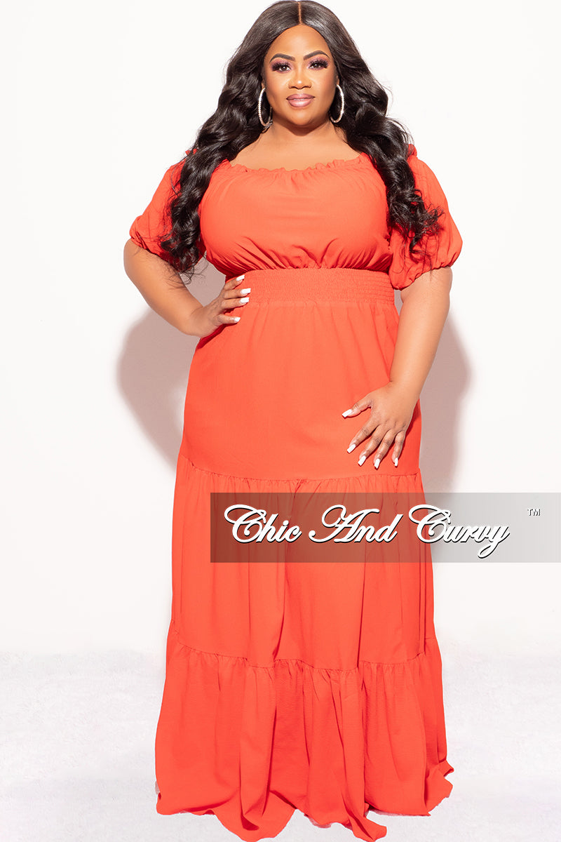 Final Sale Plus Size Off the Shoulder Frill Tiered Maxi Dress with Slit in Orange