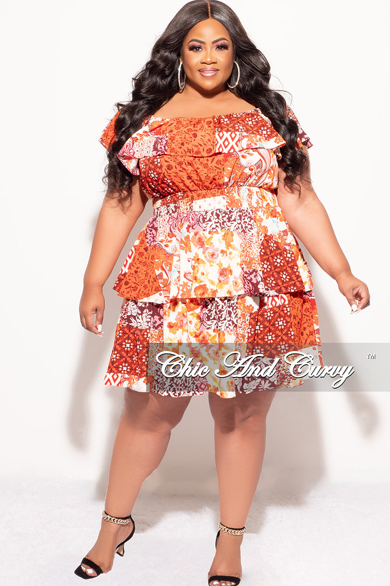 Final Sale Plus Size Off the Shoulder Tiered Ruffle Dress in Orange Multi Color