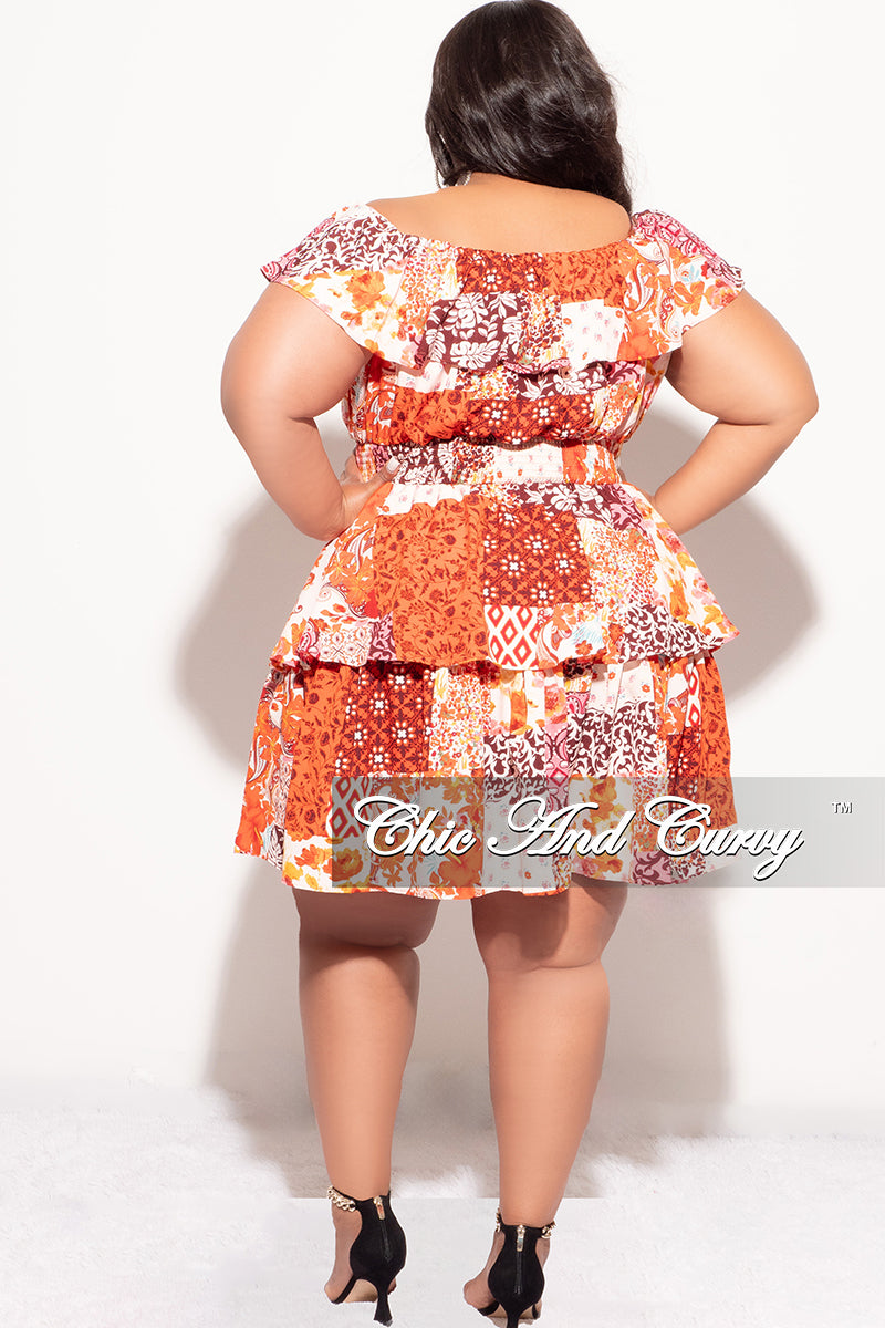 Final Sale Plus Size Off the Shoulder Tiered Ruffle Dress in Orange Multi Color