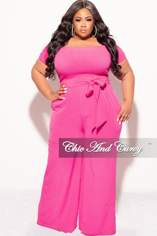Final Sale Plus Size Short Sleeve Frill Jumpsuit with Attached Tie in Fuchsia