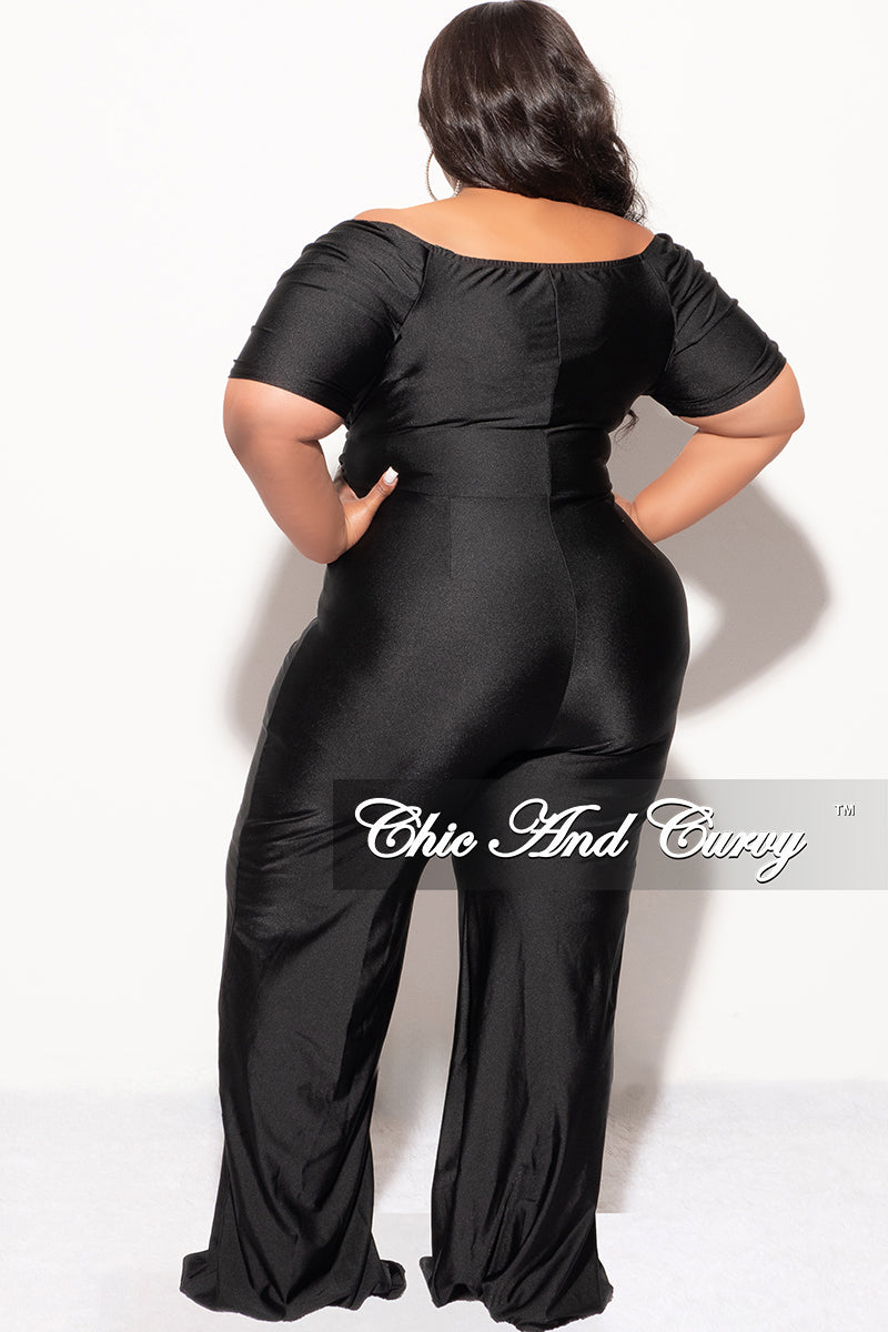 Final Sale Plus Size Off the Shoulder Faux Wrap Shiny Jumpsuit In Black