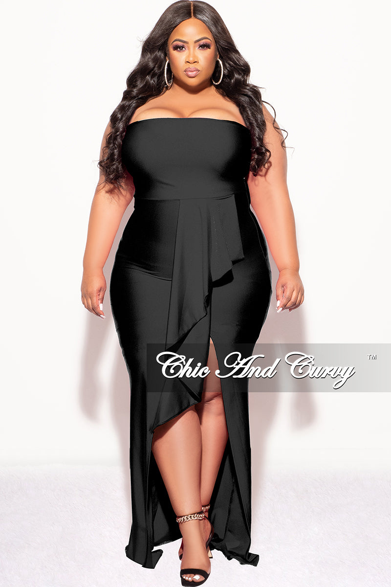 Final Sale Plus Size Strapless Ruffle Dress with Slit in Black