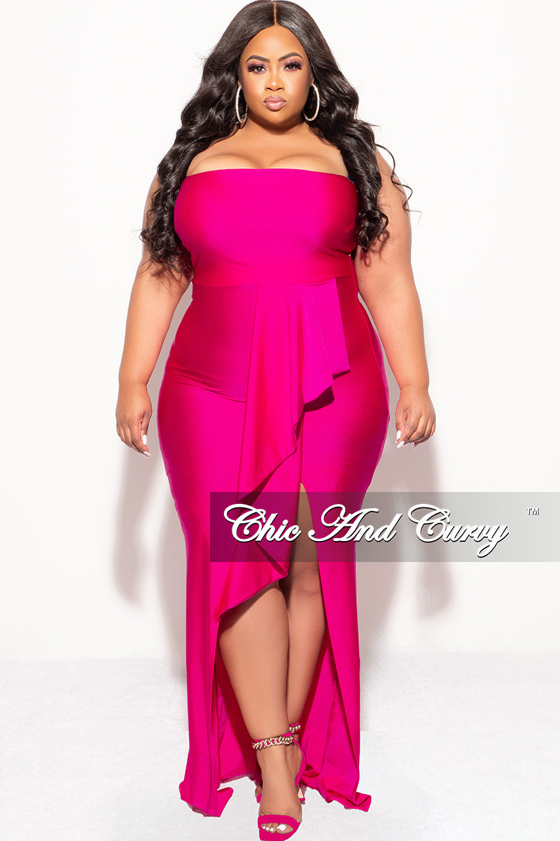 Final Sale Plus Size Strapless Ruffle Dress with Slit in Fuchsia